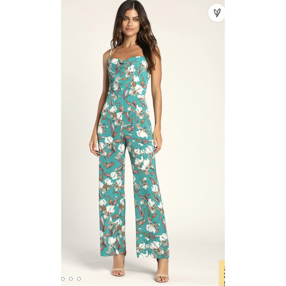 Lulus Cowan Green Floral Satin Cowl Neck Wide Leg Jumpsuit XS NWT